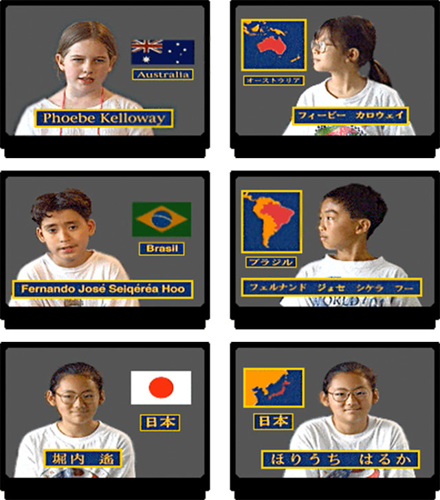 three pairs of video screens showing kids from around the world and their corresponding Japanese interpreters