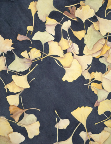 watercolor painting of ginko leaves on the ground